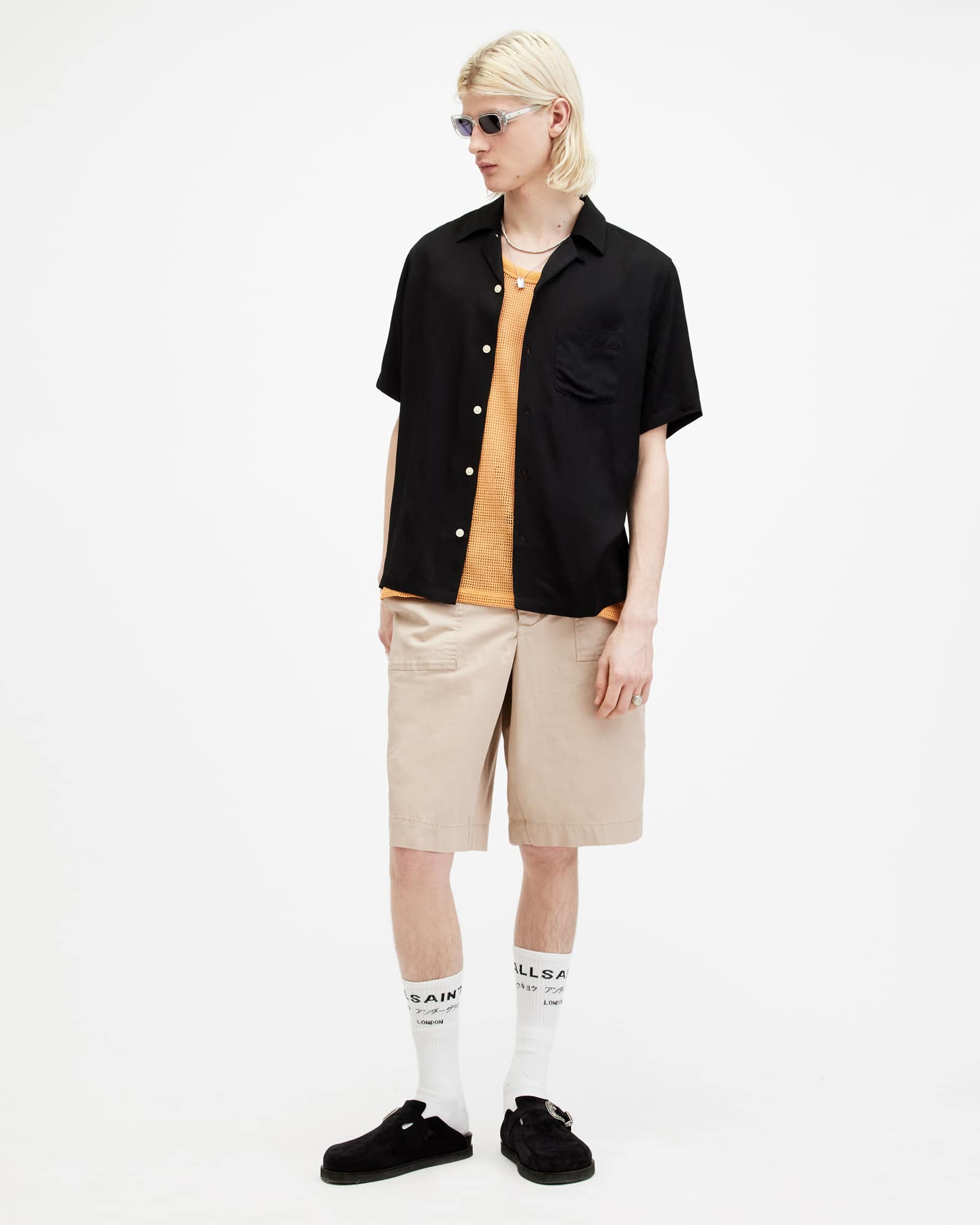 All Saints Hunt Long Relaxed Fit Shorts Light Stone