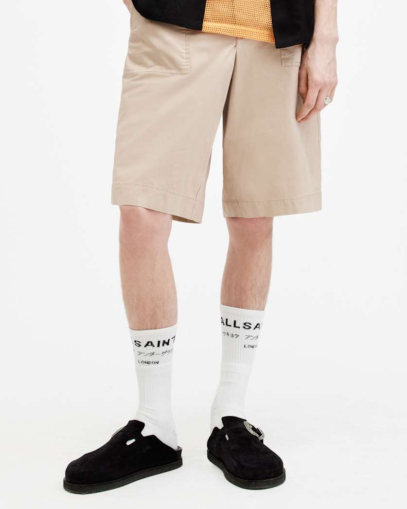 all saints Hunt Long Relaxed Fit Shorts Light Stone