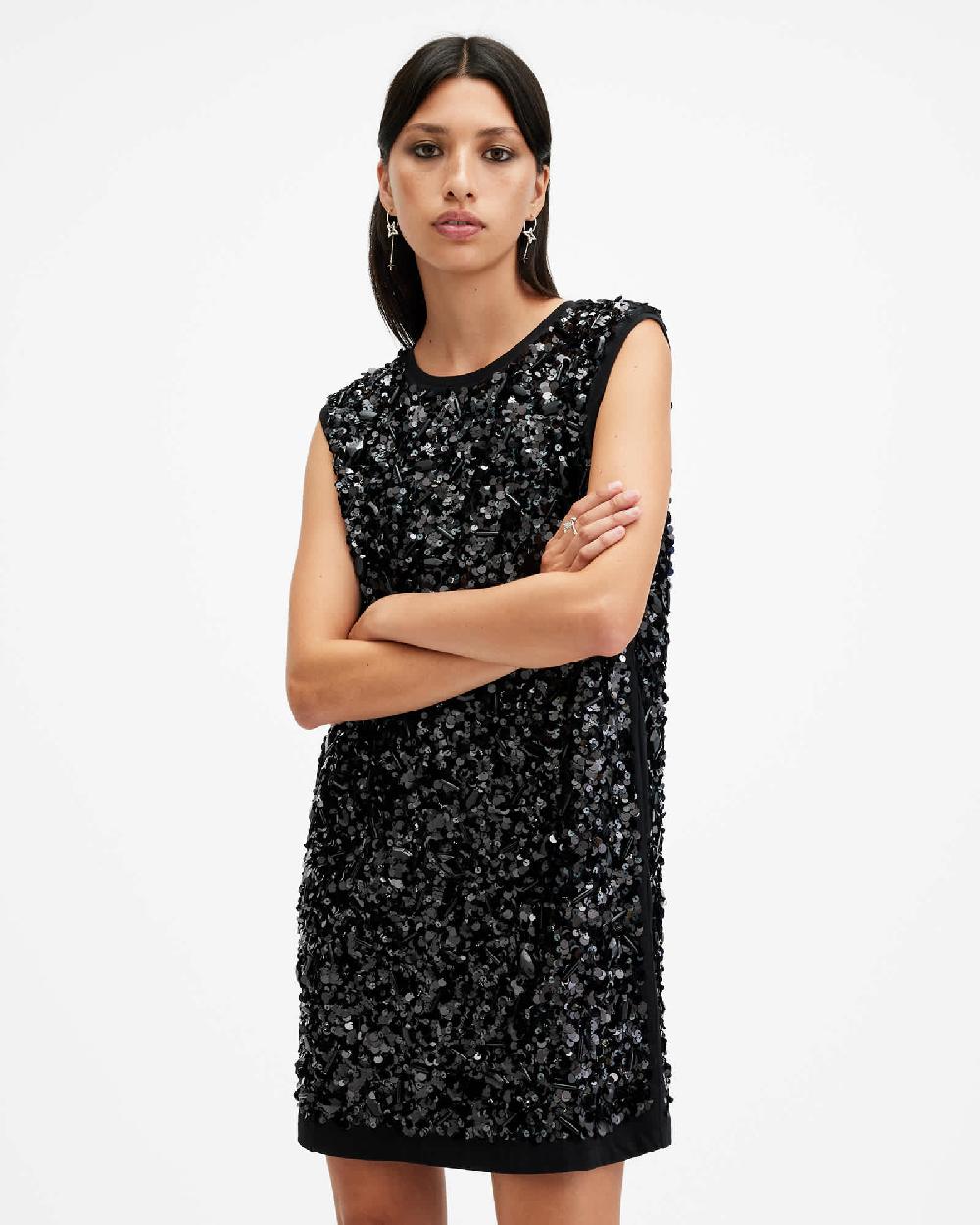 All Saints Ilia Embellished Relaxed Fit Mini Dress Black