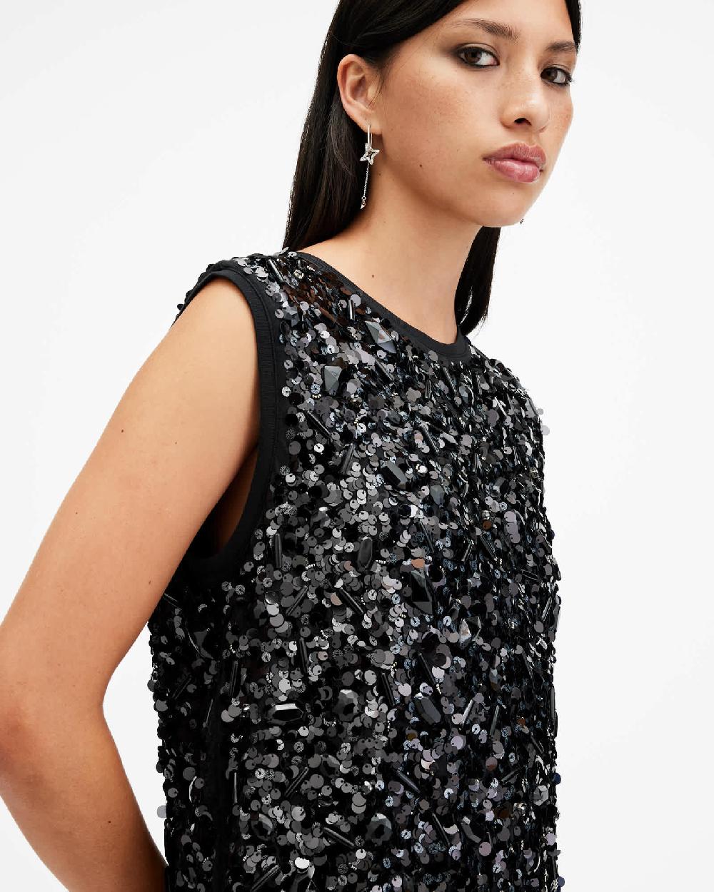 All Saints Ilia Embellished Relaxed Fit Mini Dress Black
