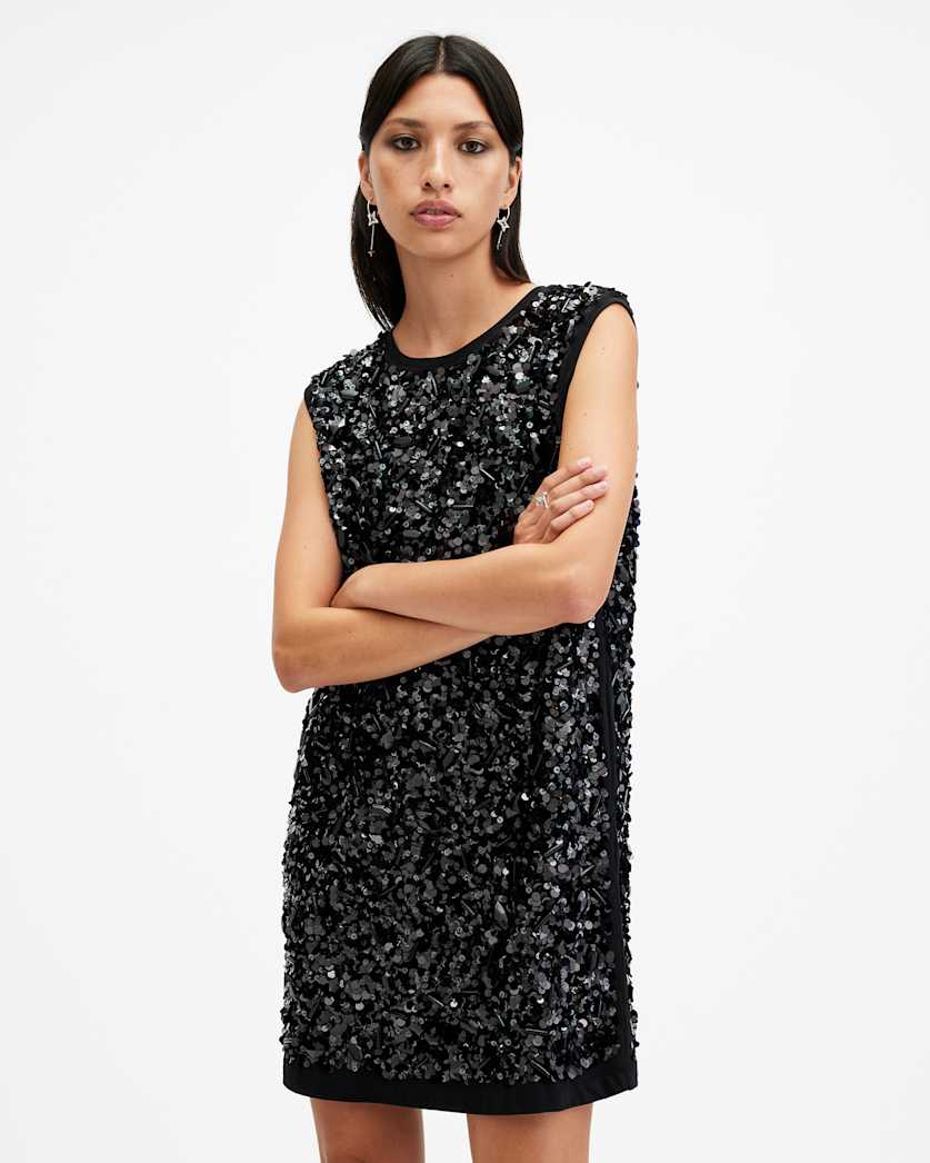 all saints Ilia Embellished Relaxed Fit Mini Dress Black