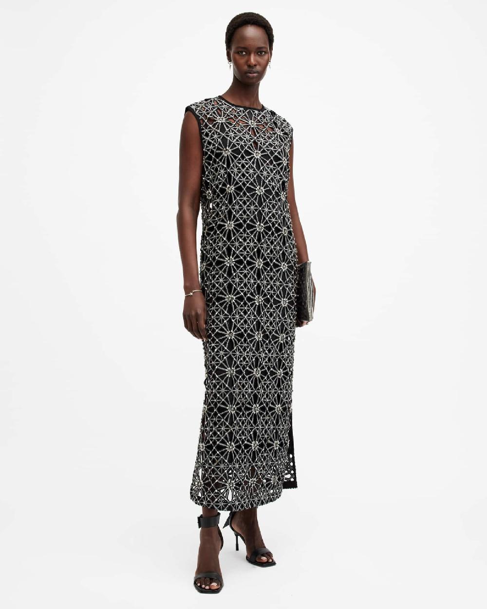 All Saints Iliana Embellished Relaxed Fit Maxi Dress Black/Silver