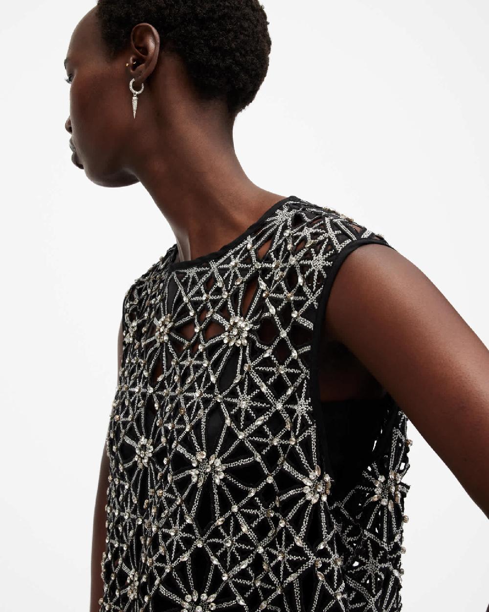 All Saints Iliana Embellished Relaxed Fit Maxi Dress Black/Silver