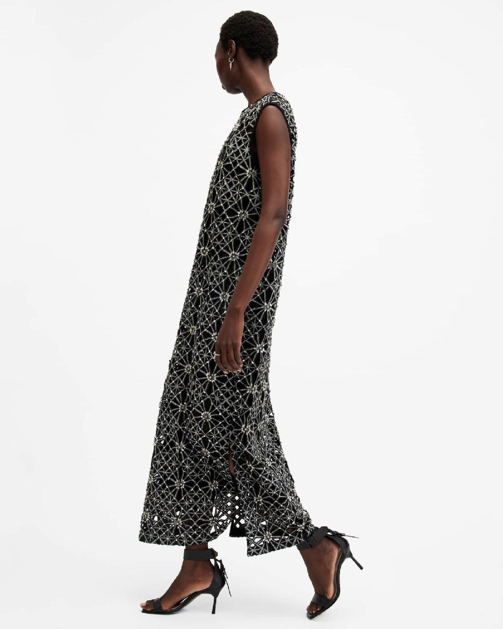 All Saints Iliana Embellished Relaxed Fit Maxi Dress Black/Silver