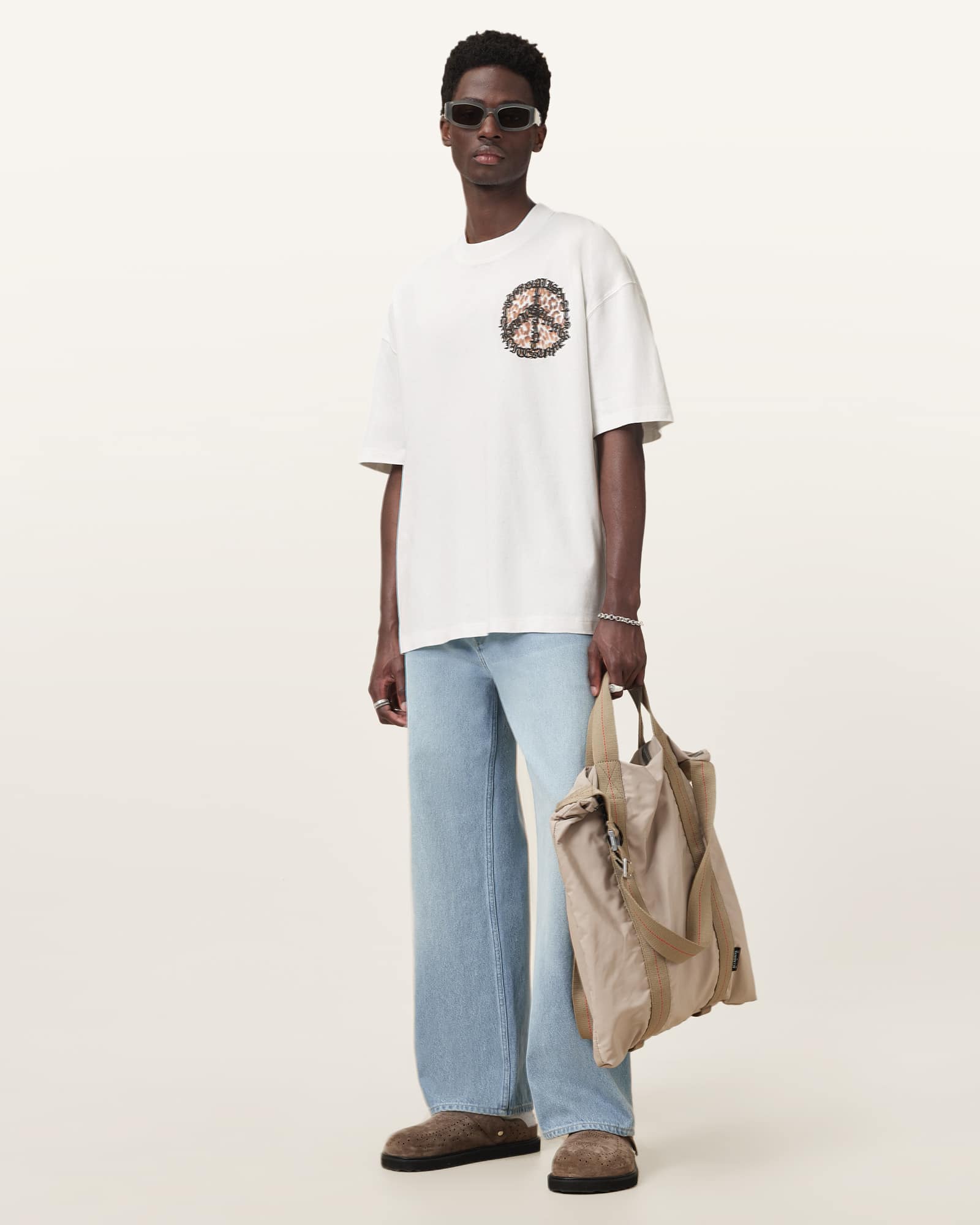 All Saints Incessant Leopard Logo Oversized T-Shirt Chalk White