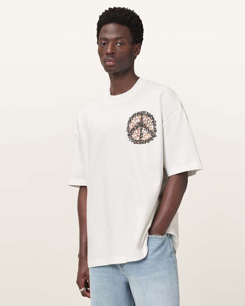 all saints Incessant Leopard Logo Oversized T-Shirt Chalk White