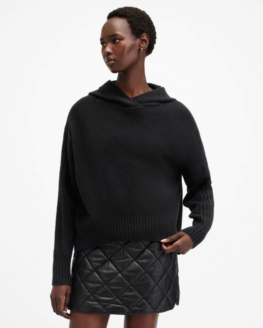 All Saints Ines Recycled Cashmere Wool Blend Hoodie Black