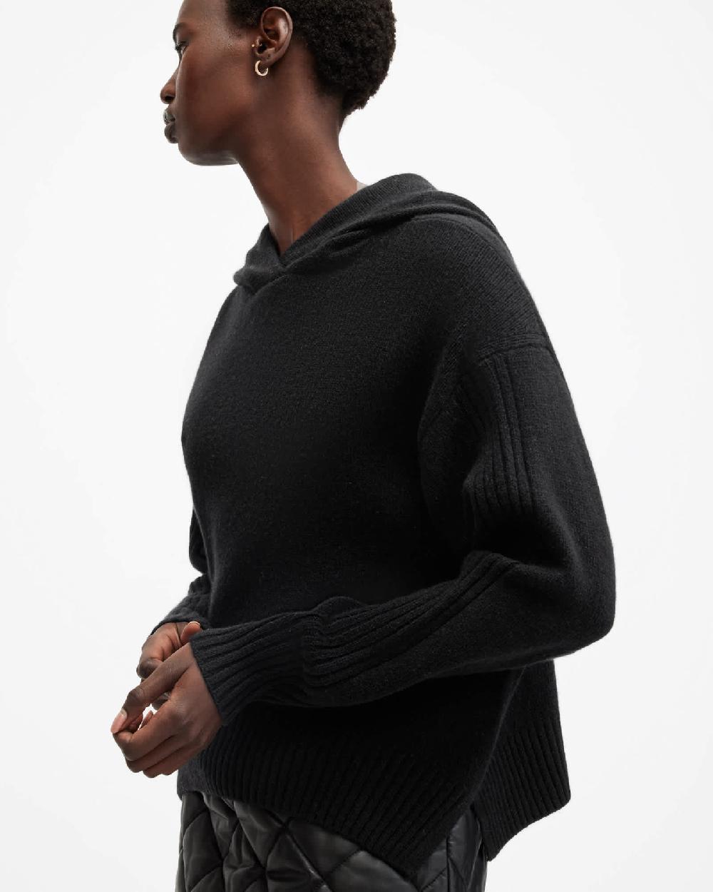 All Saints Ines Recycled Cashmere Wool Blend Hoodie Black