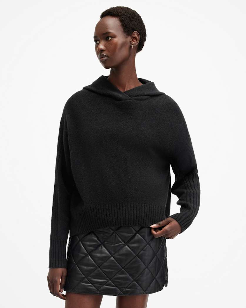 all saints Ines Recycled Cashmere Wool Blend Hoodie Black