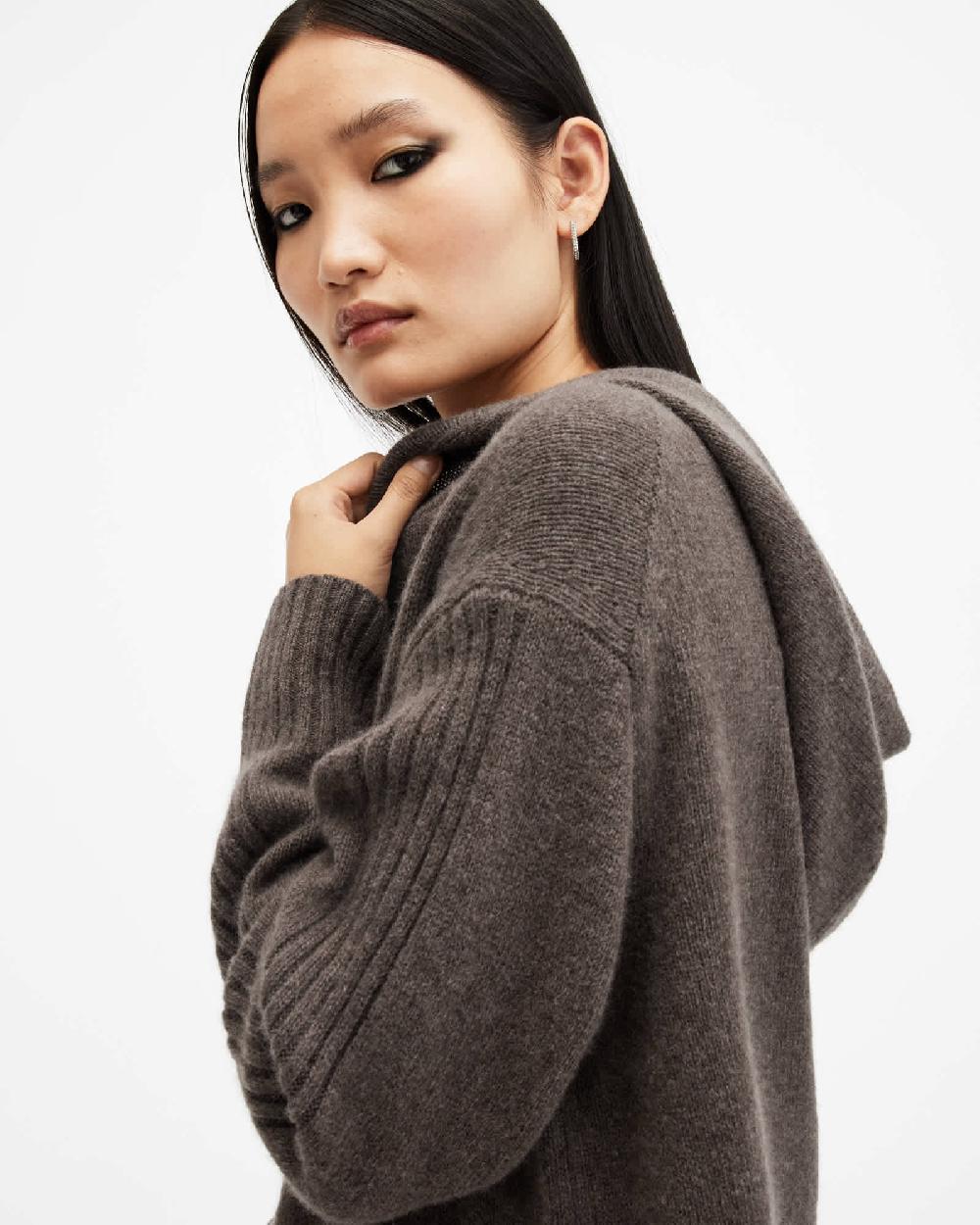 All Saints Ines Recycled Cashmere Wool Blend Hoodie Mocca Brown