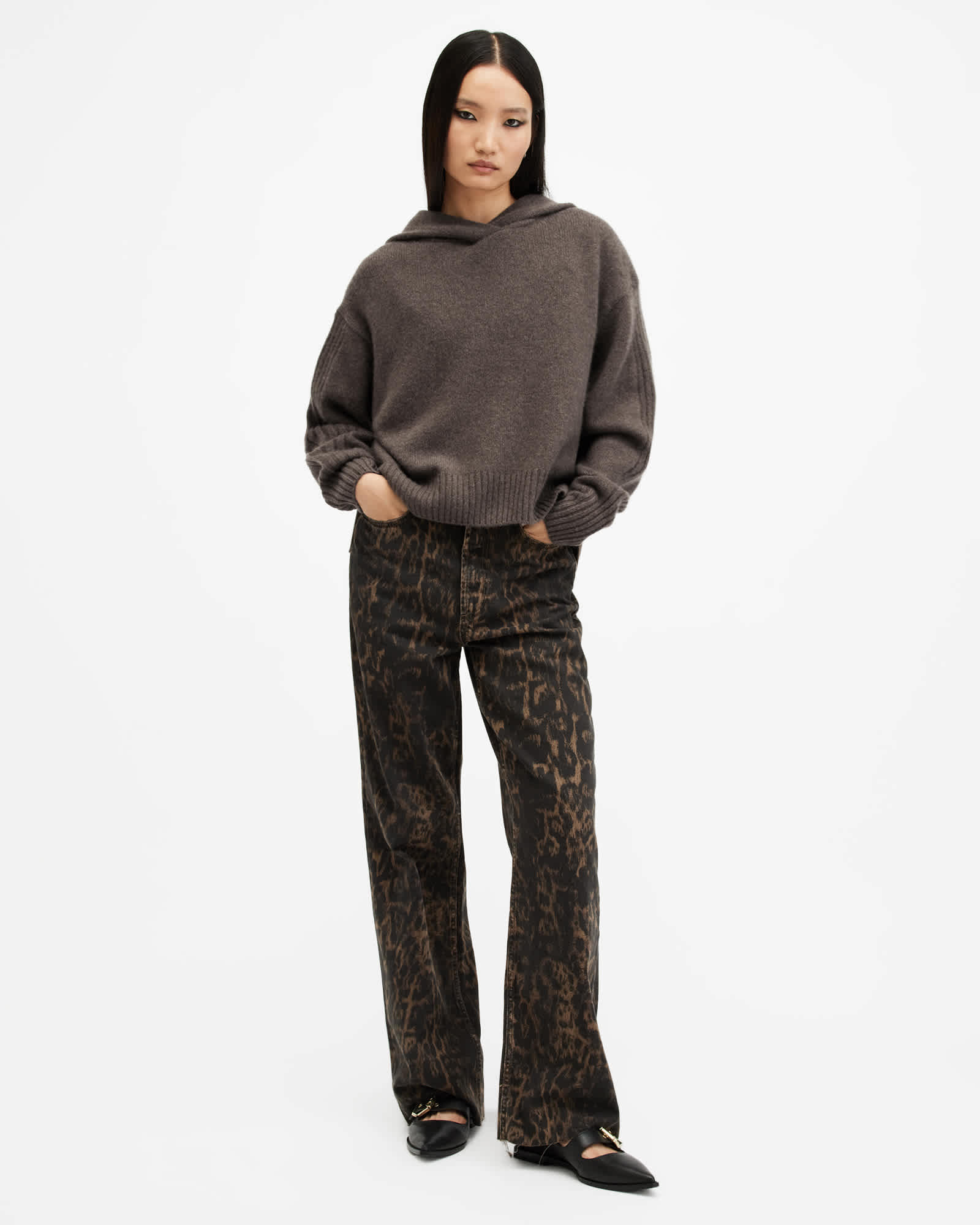 All Saints Ines Recycled Cashmere Wool Blend Hoodie Mocca Brown