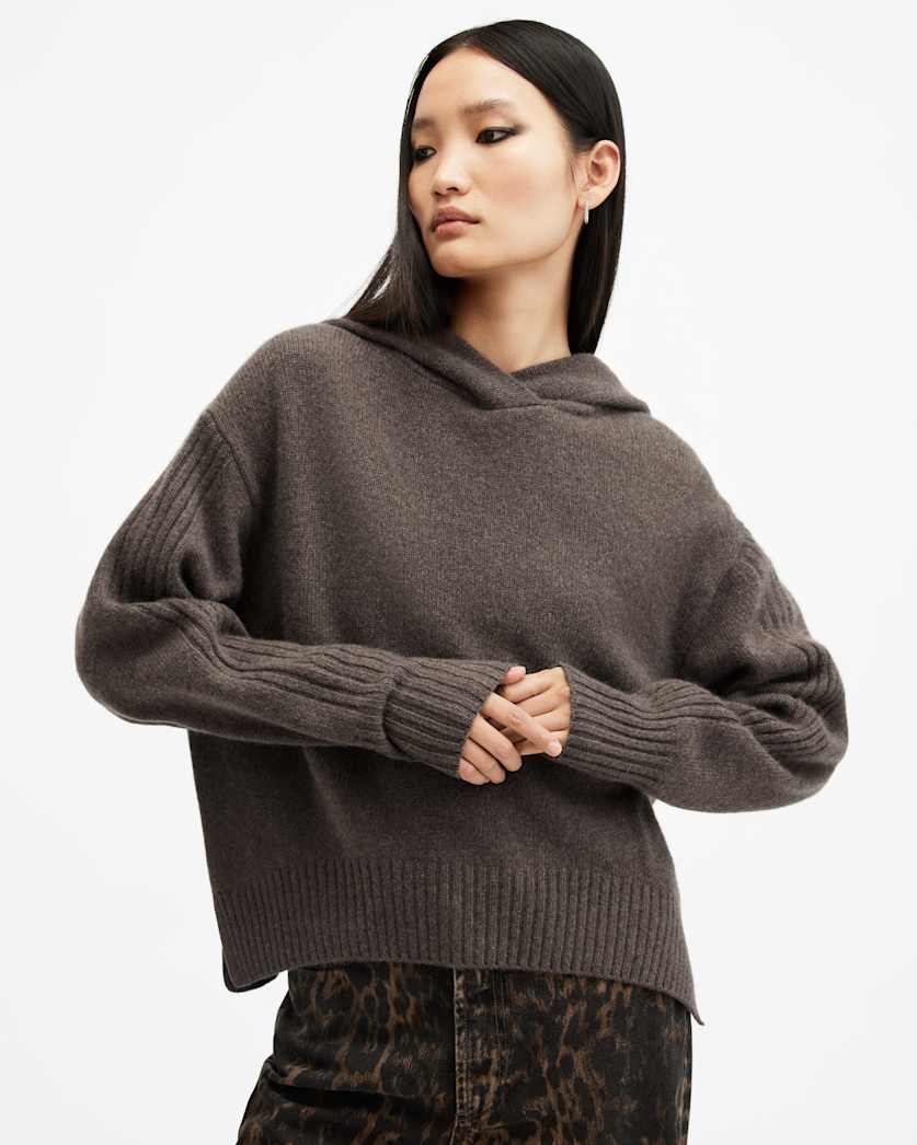 all saints Ines Recycled Cashmere Wool Blend Hoodie Mocca Brown