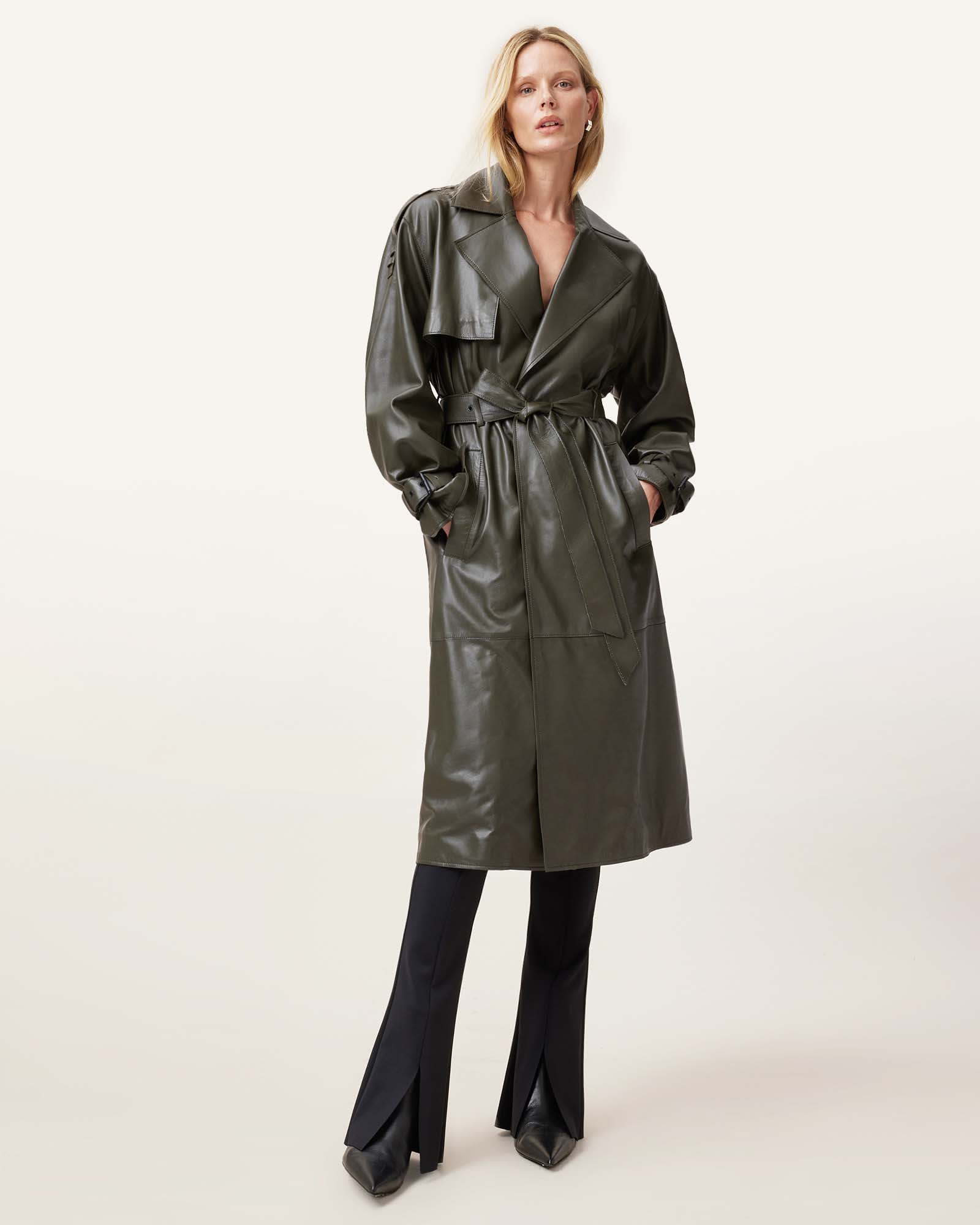 All Saints Inez Leather Long Trench Coat Khaki Green