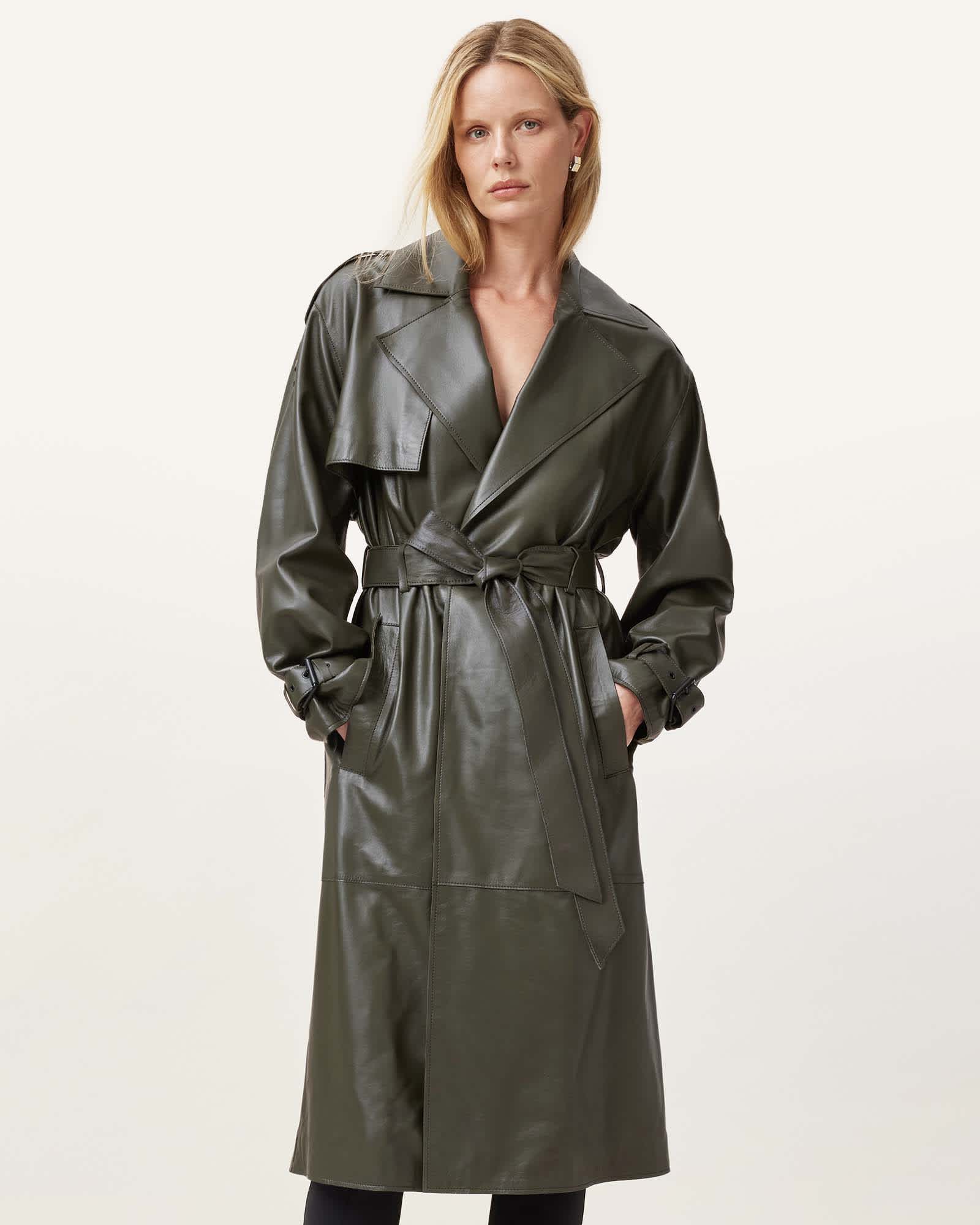 All Saints Inez Leather Long Trench Coat Khaki Green