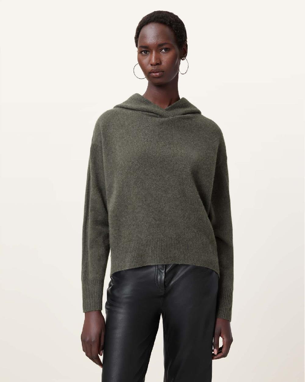All Saints Irina Relaxed Fit Cashmere Hoodie Khaki Green