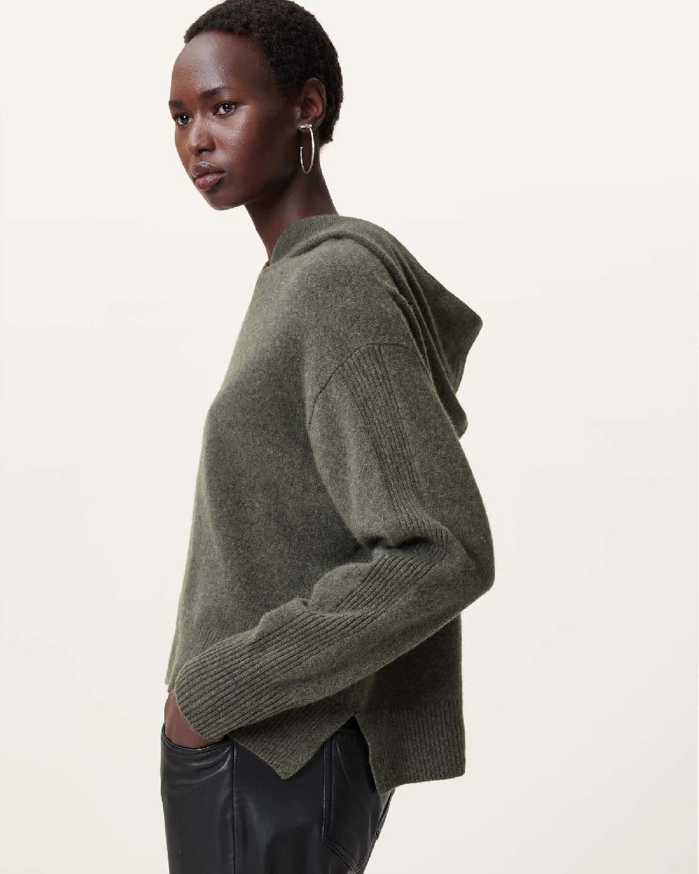 All Saints Irina Relaxed Fit Cashmere Hoodie Khaki Green