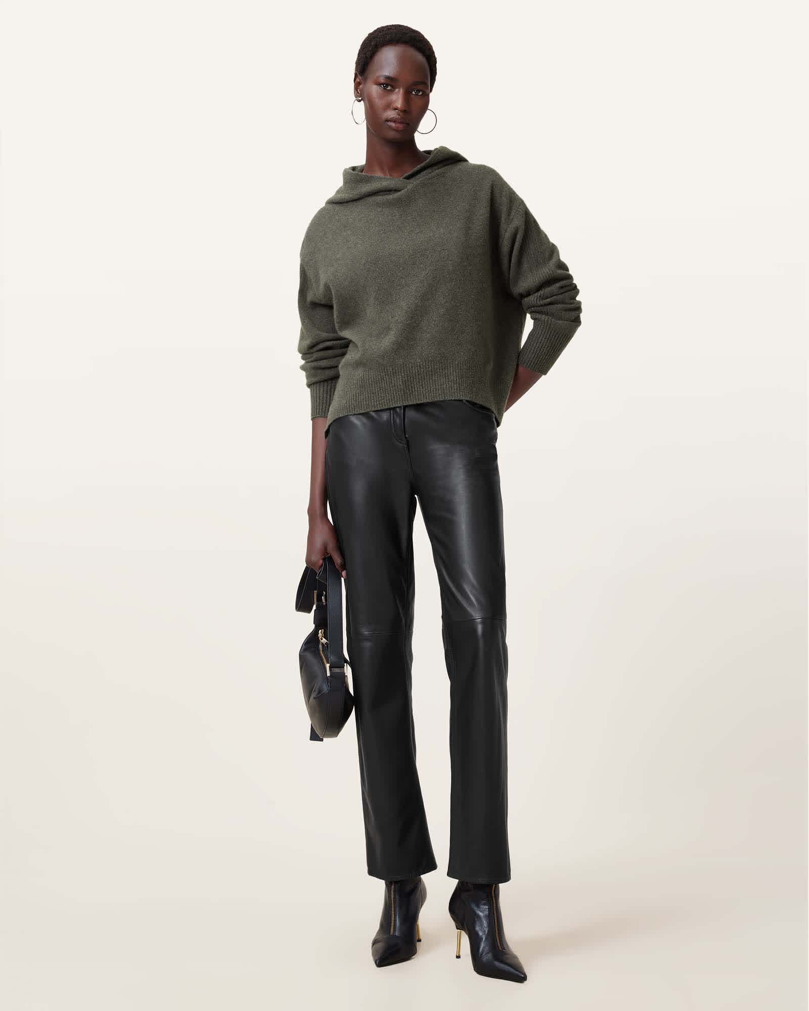 All Saints Irina Relaxed Fit Cashmere Hoodie Khaki Green