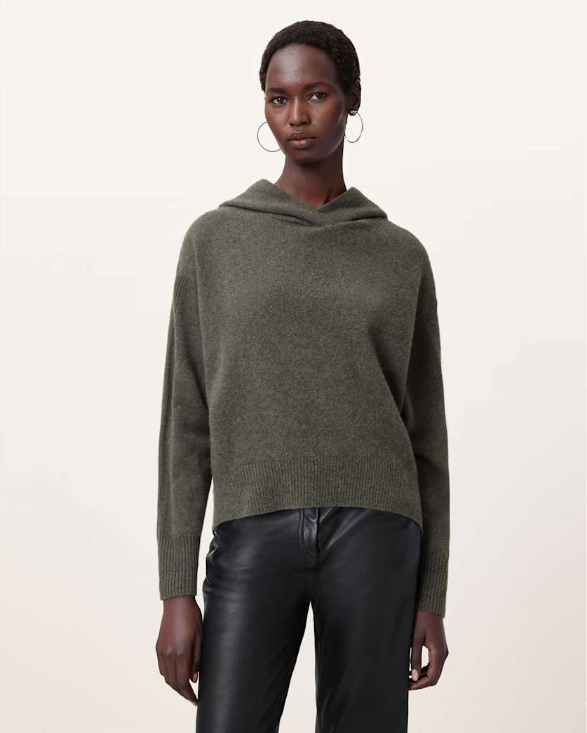all saints Irina Relaxed Fit Cashmere Hoodie Khaki Green