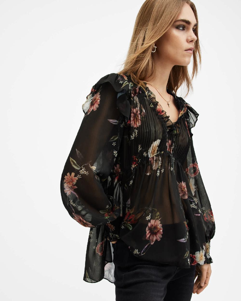 All Saints Iryna Frill Printed Sheer Top Unity Black