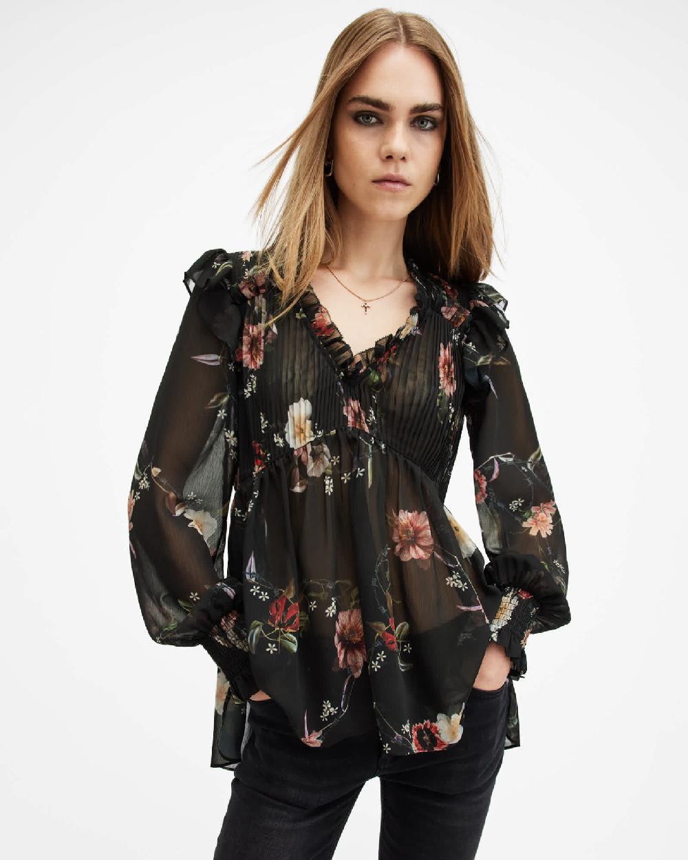 All Saints Iryna Frill Printed Sheer Top Unity Black