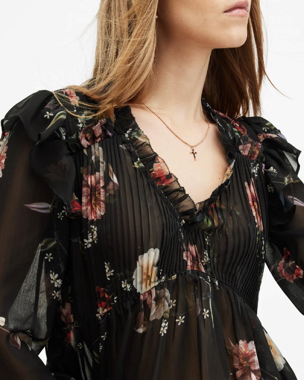 All Saints Iryna Frill Printed Sheer Top Unity Black