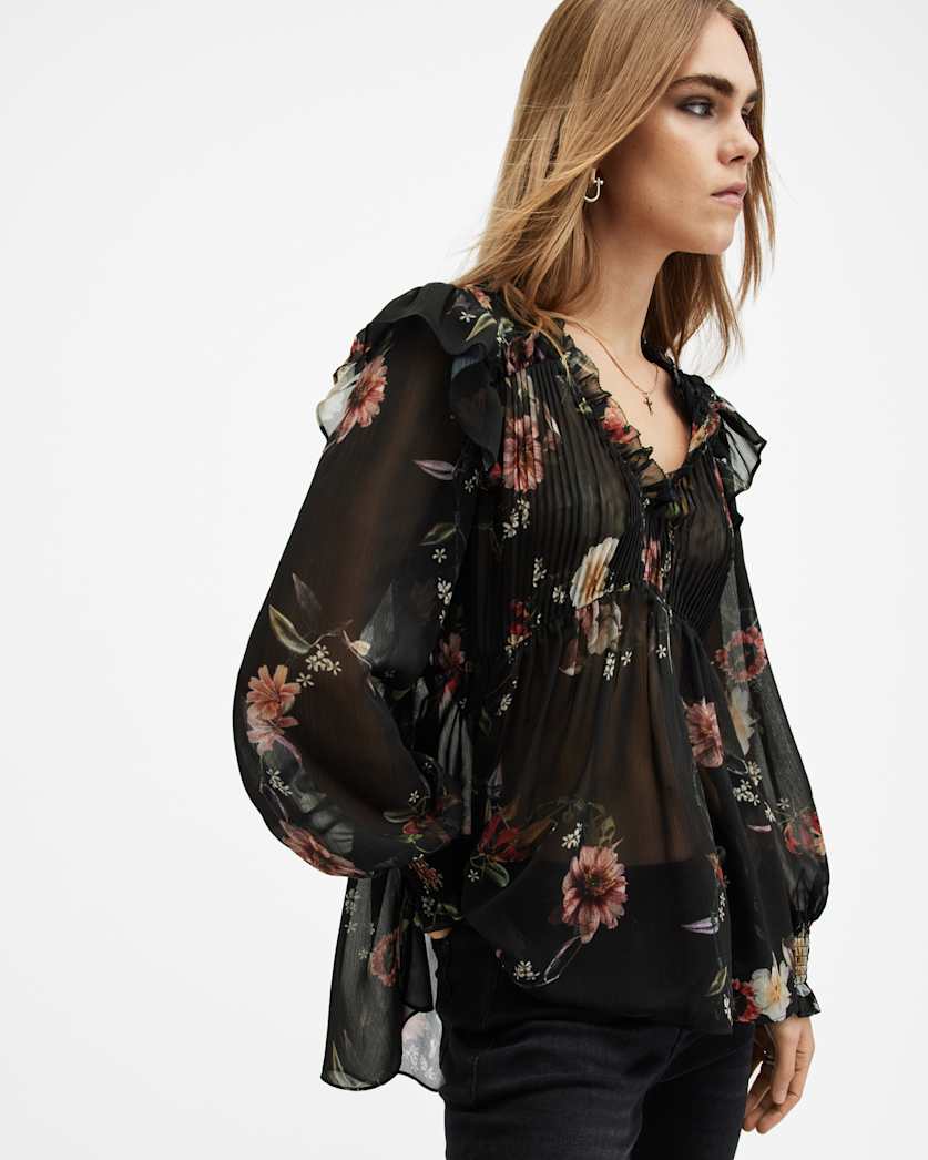 all saints Iryna Frill Printed Sheer Top Unity Black