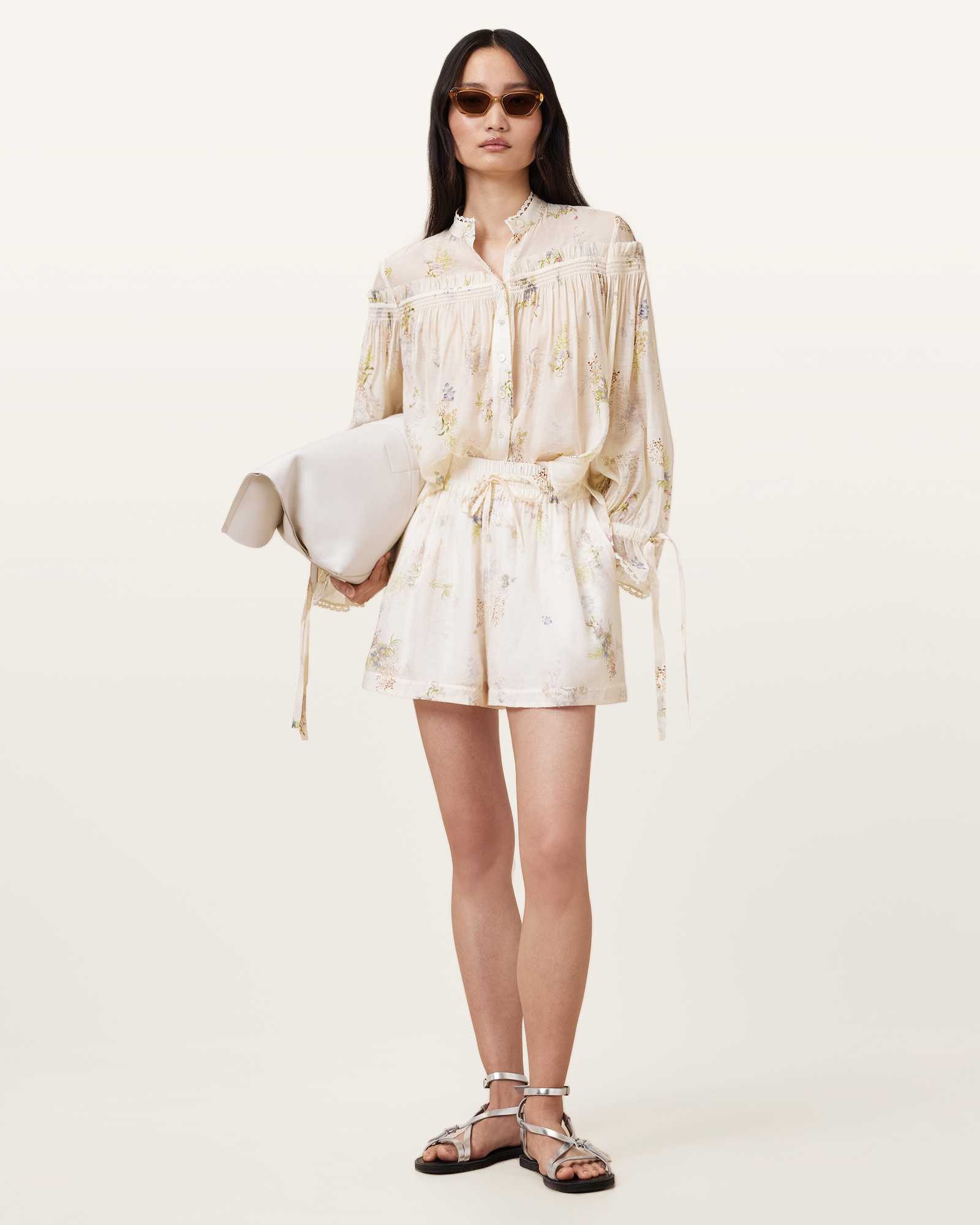 All Saints Isla Floral Print Shorts Laci Ecru White