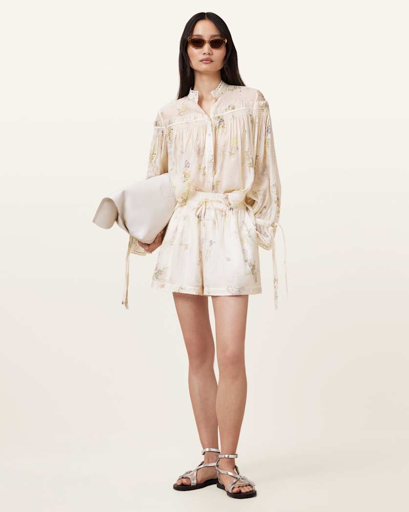 all saints Isla Floral Print Shorts Laci Ecru White