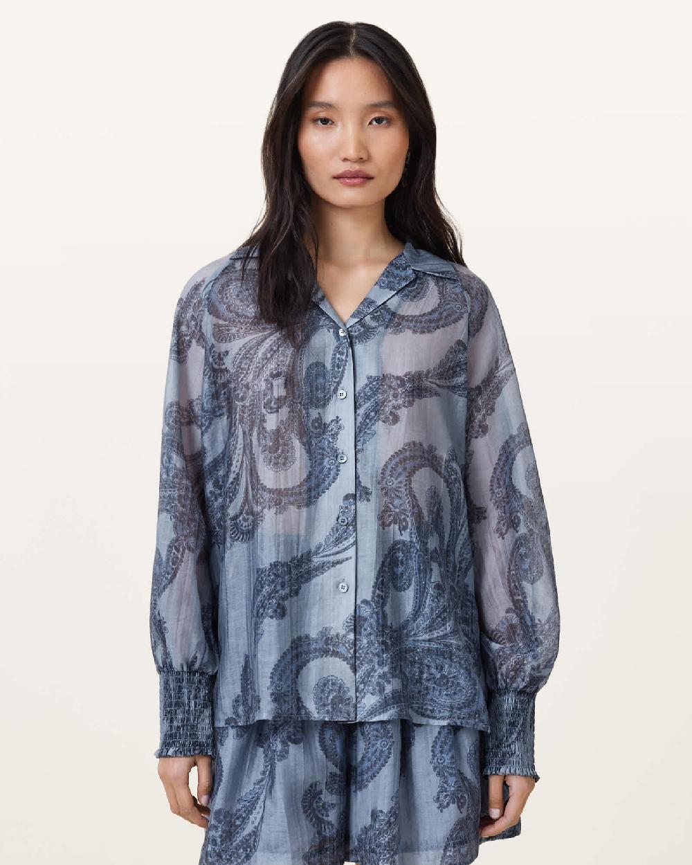 All Saints Isla Printed Long Sleeve Shirt Lita Denim Blue