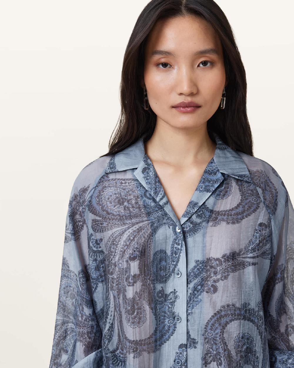 All Saints Isla Printed Long Sleeve Shirt Lita Denim Blue