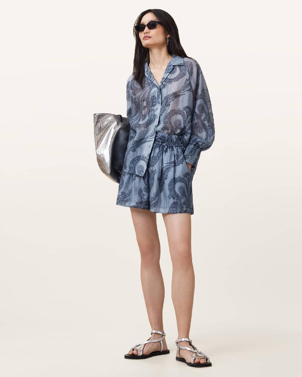 All Saints Isla Printed Long Sleeve Shirt Lita Denim Blue