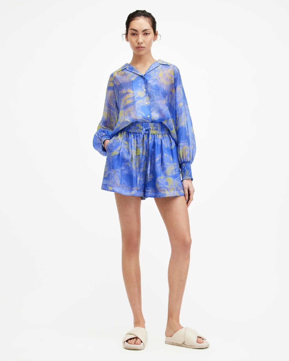 All Saints Isla Relaxed Fit Inspiral Print Shorts Electric Blue