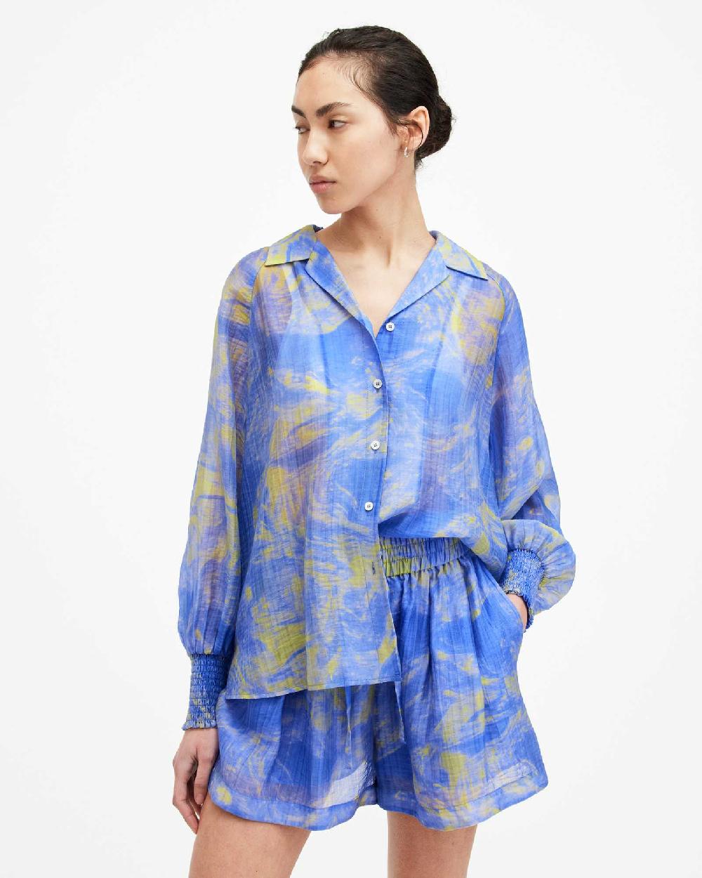 All Saints Isla Relaxed Fit Inspiral Print Shorts Electric Blue