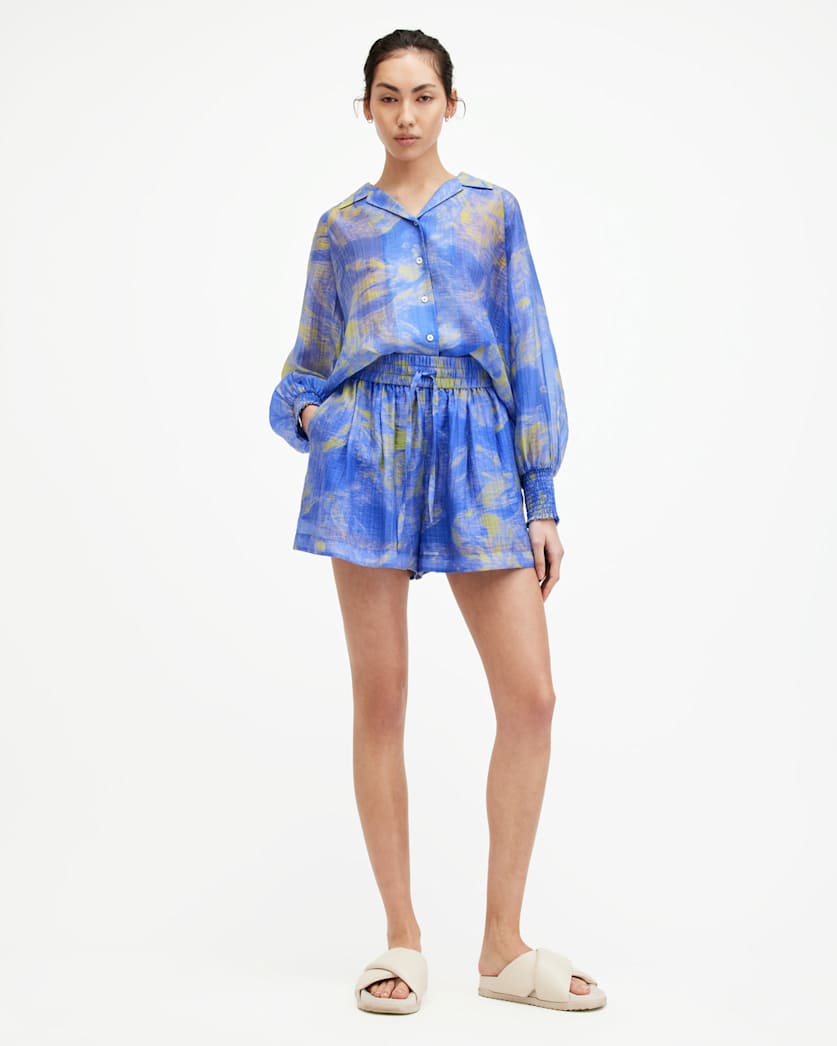 all saints Isla Relaxed Fit Inspiral Print Shorts Electric Blue