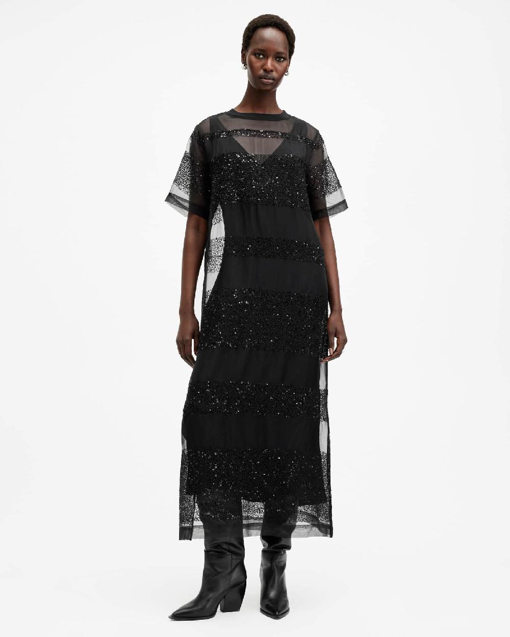 All Saints Izabela Embellished Mesh Maxi Dress Black