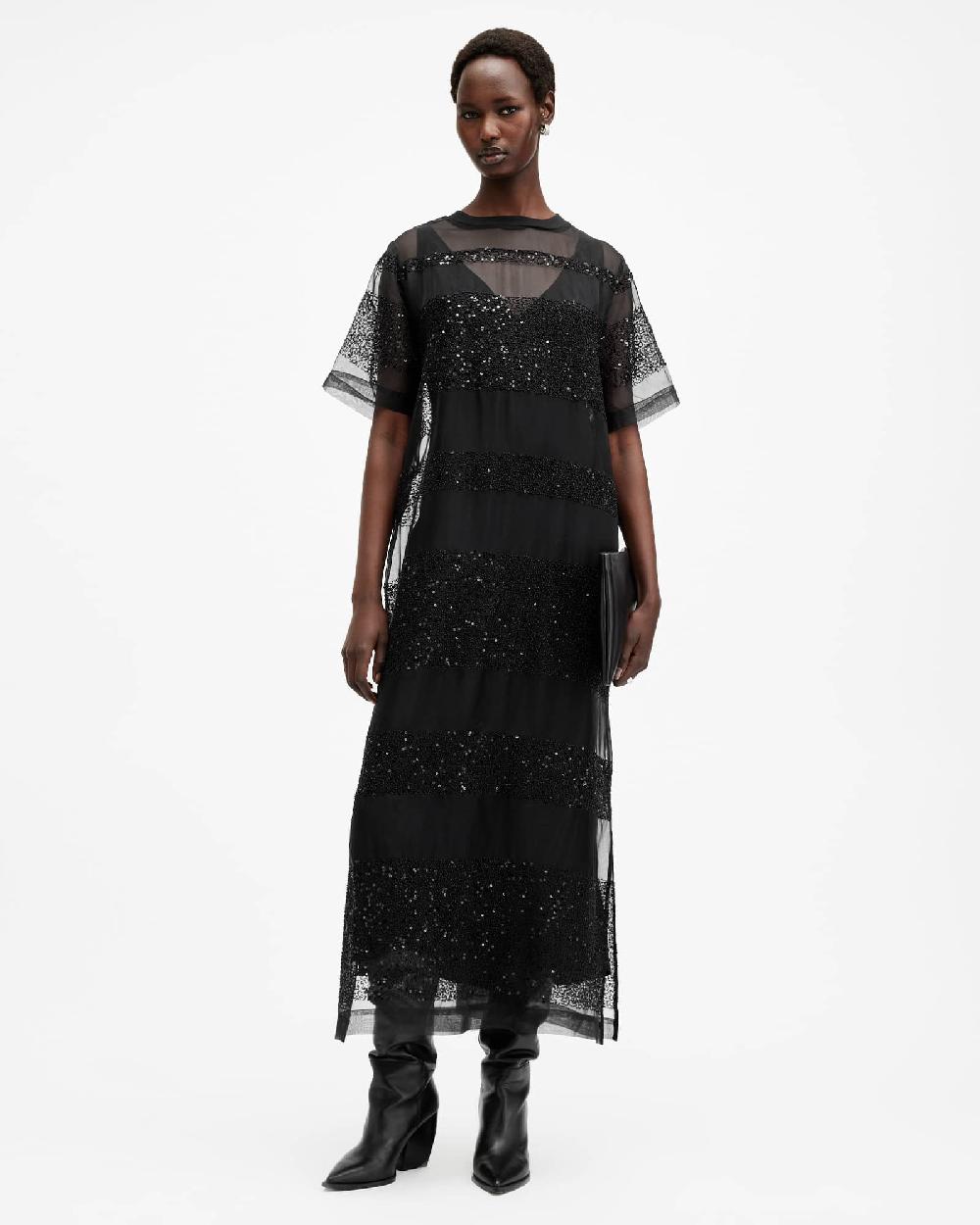 All Saints Izabela Embellished Mesh Maxi Dress Black