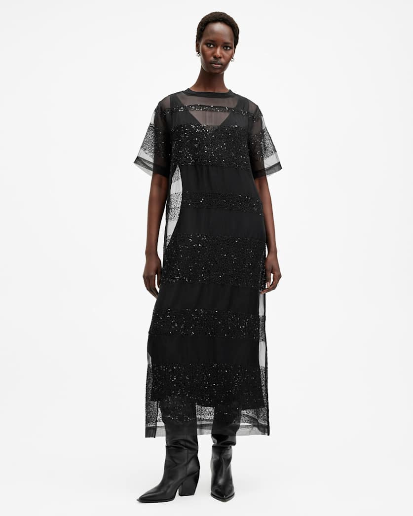 all saints Izabela Embellished Mesh Maxi Dress Black