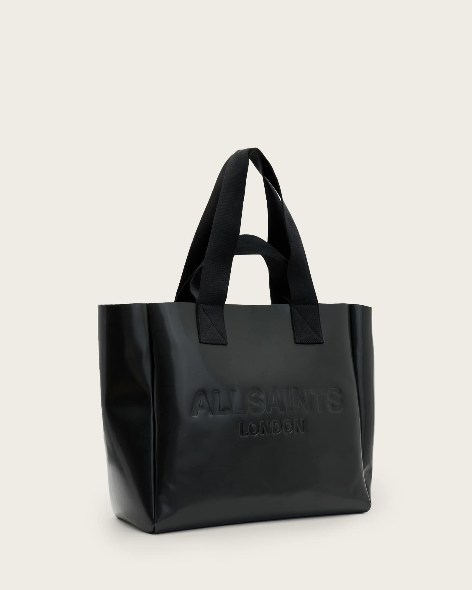 All Saints Izzy Embossed Logo Leather Tote Bag Black