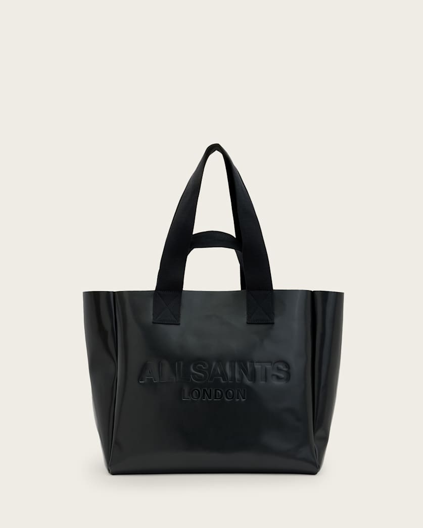 all saints Izzy Embossed Logo Leather Tote Bag Black