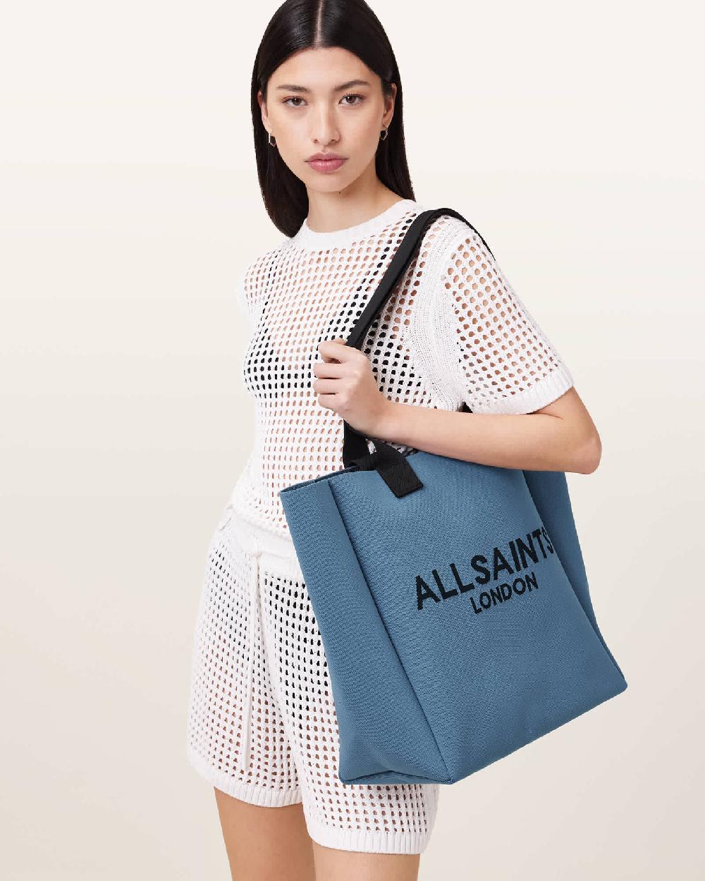 All Saints Izzy Large Logo Knitted Tote Bag Steel Blue
