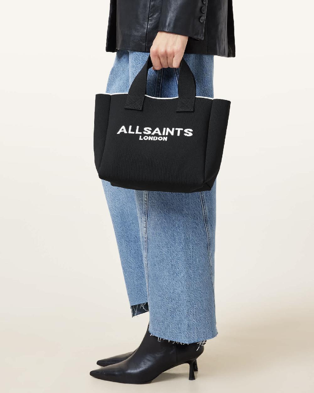 All Saints Izzy Logo Print Knitted Mini Tote Bag Black