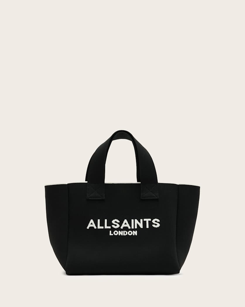 all saints Izzy Logo Print Knitted Mini Tote Bag Black