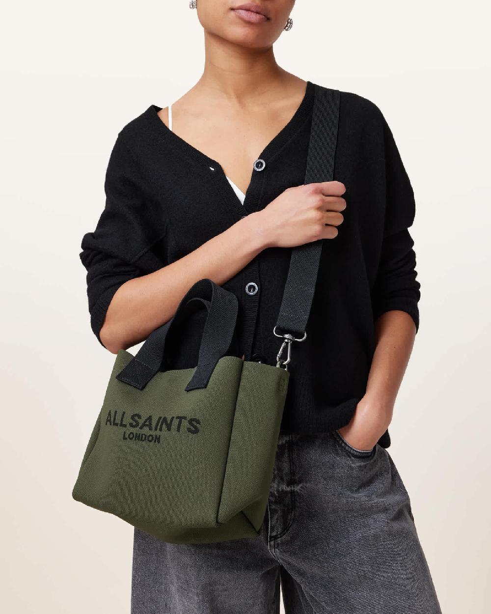 All Saints Izzy Logo Print Knitted Mini Tote Bag Olive Green