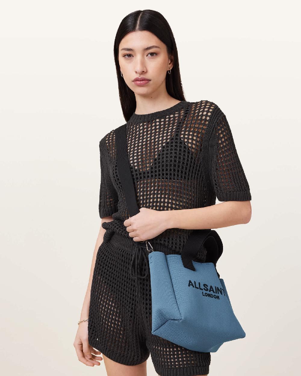 All Saints Izzy Logo Print Knitted Mini Tote Bag Steel Blue