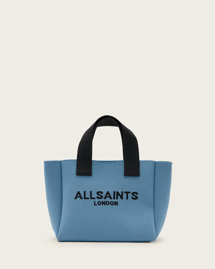 all saints Izzy Logo Print Knitted Mini Tote Bag Steel Blue