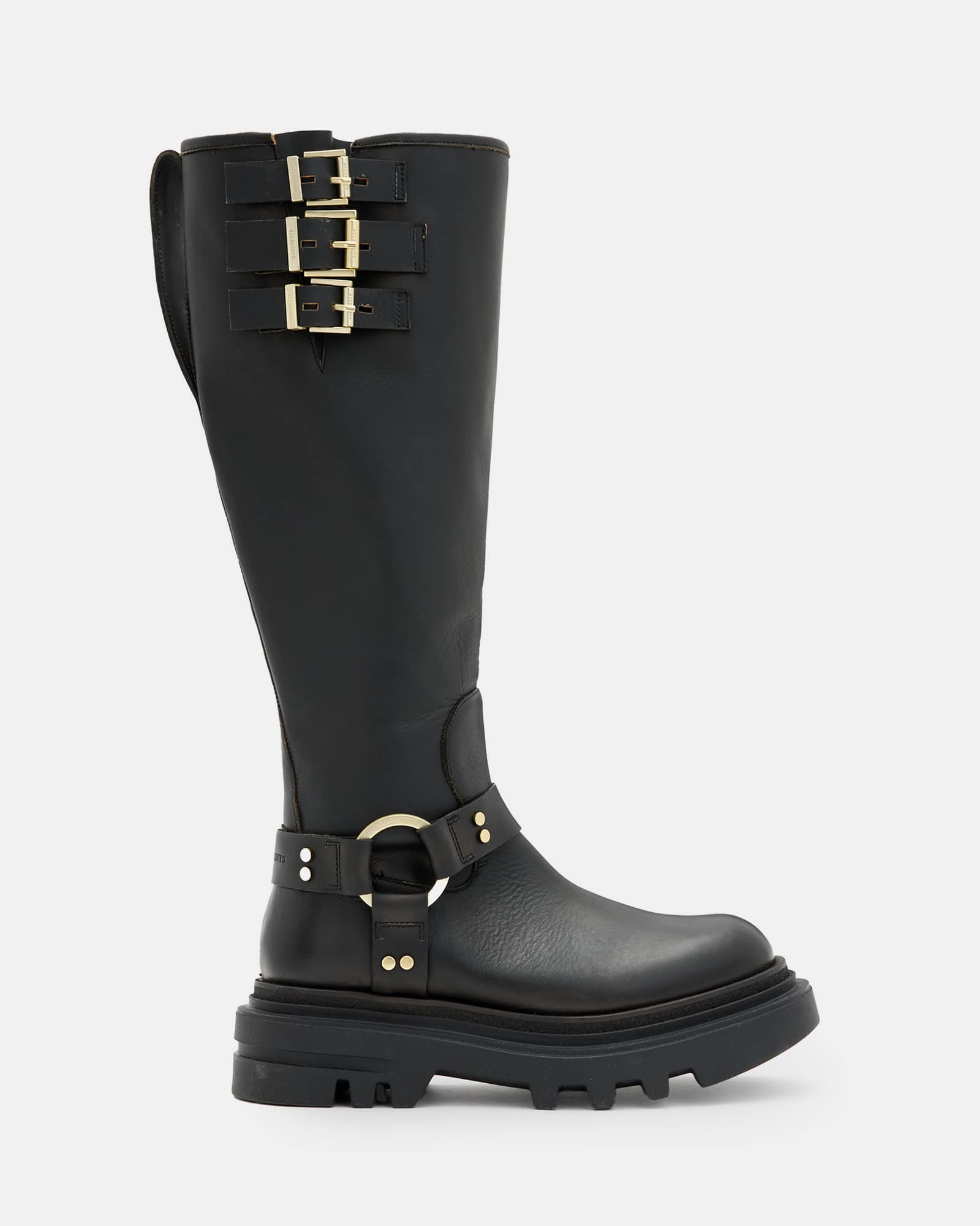 All Saints Jade Knee High Leather Biker Boots BLACK/WARM BRASS