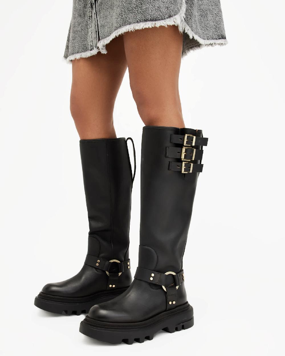 All Saints Jade Knee High Leather Biker Boots BLACK/WARM BRASS