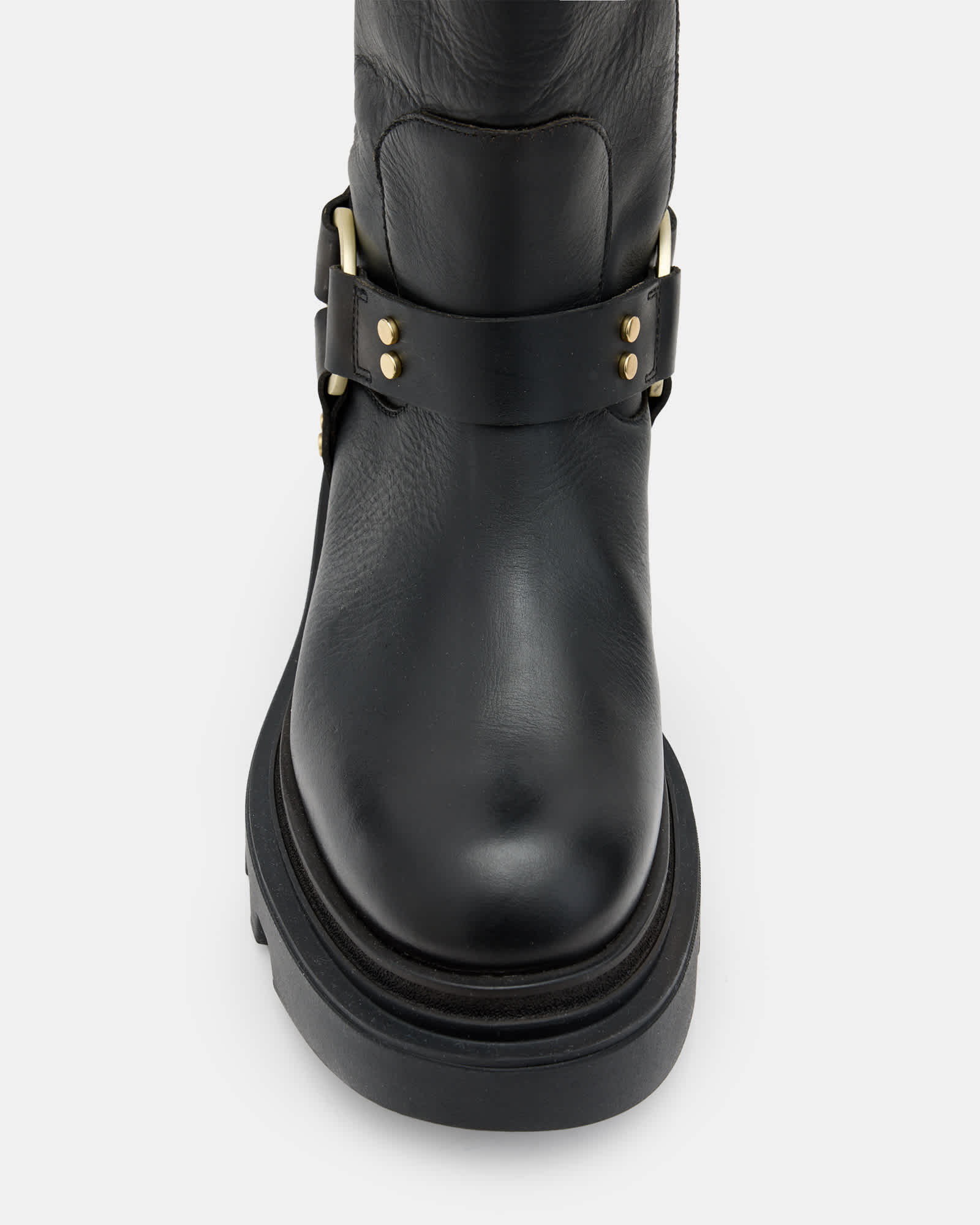 All Saints Jade Knee High Leather Biker Boots BLACK/WARM BRASS