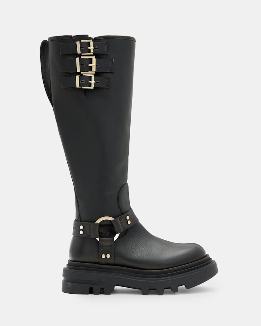 all saints Jade Knee High Leather Biker Boots BLACK/WARM BRASS