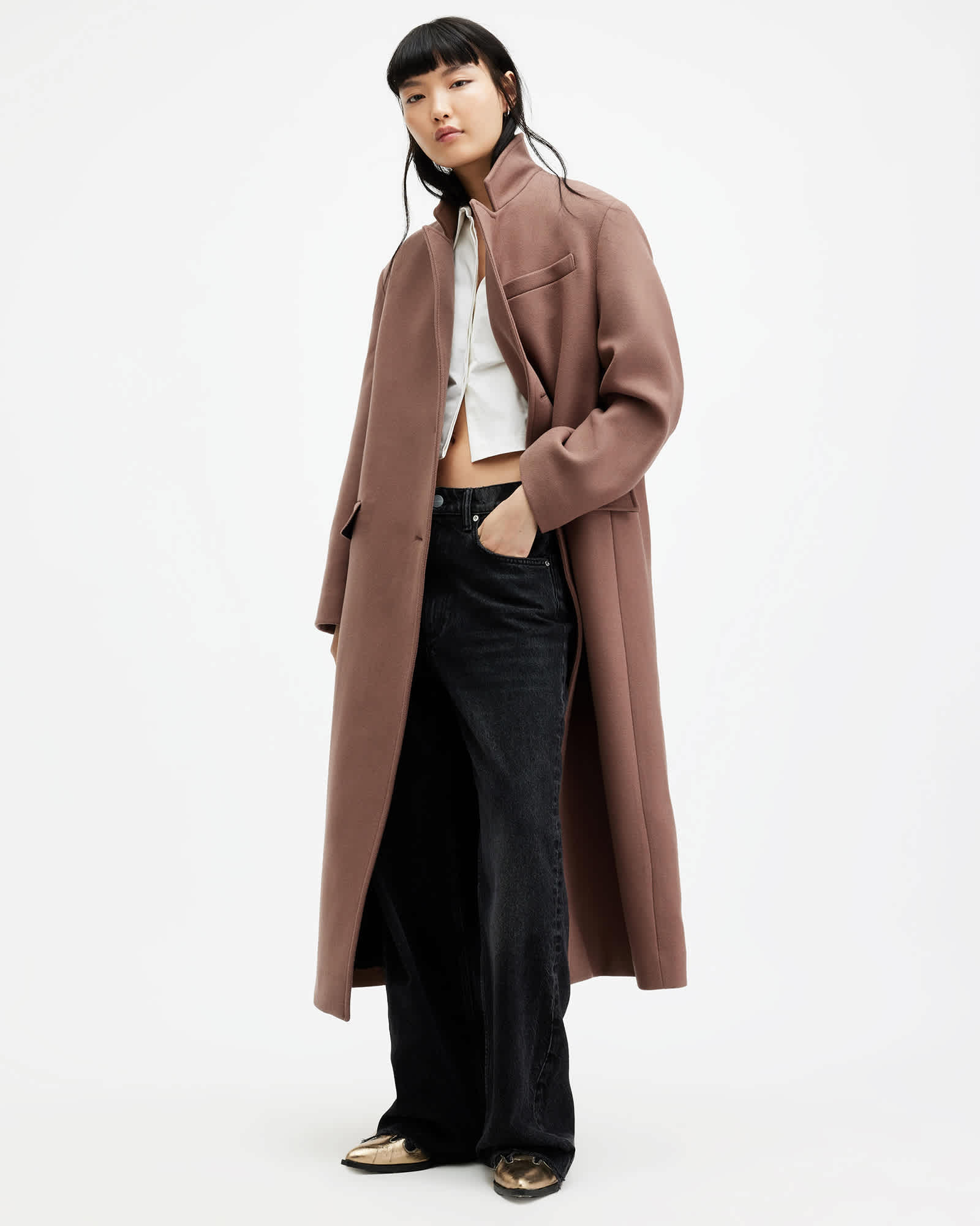 All Saints James Wool Blend Maxi Length Coat Chestnut Brown